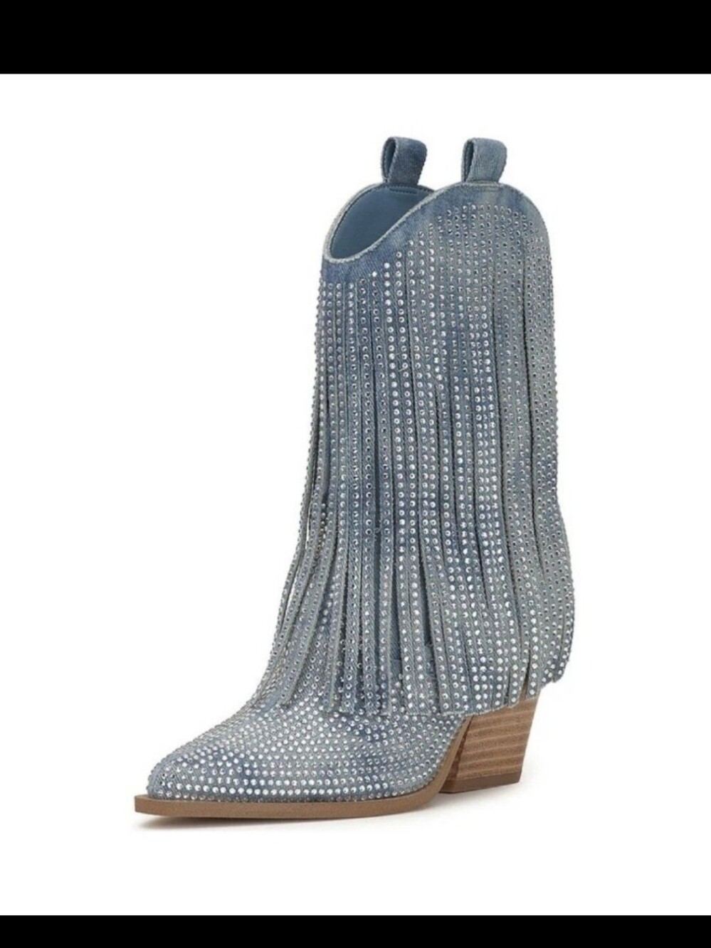 Jessica Simpson Blue Denim Allover Rhinestone Pointed Toe Fringe Cowgirl Boots